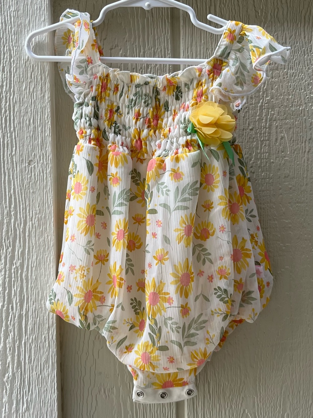 Princes Rose Yellow Floral Baby Girl Romper with Smocked Bodice